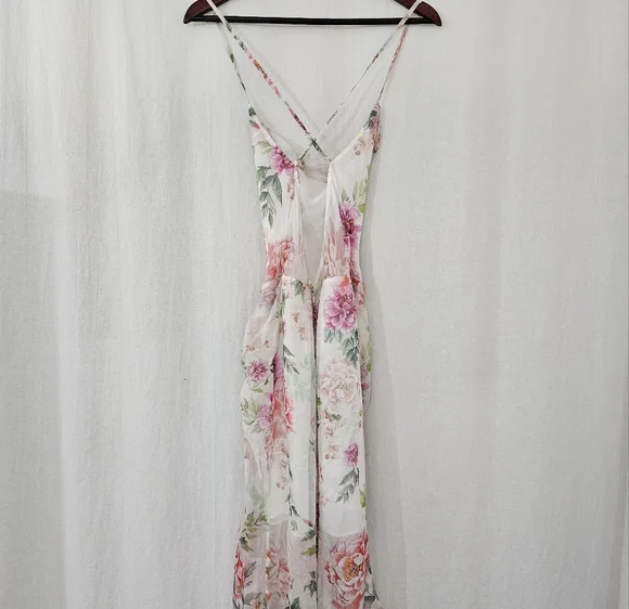 Sau Lee Frieda Silk Cowl Neck High Low Ruched Dress in White Pink Floral Size 4 - Picture 6 of 11